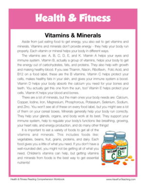Vitamins and Minerals Health and Fitness Reading Comprehension Worksheet