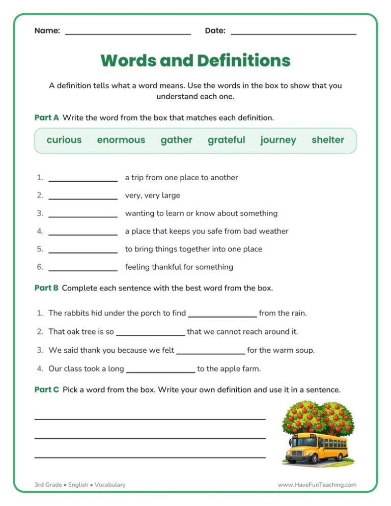 Word and Definition Worksheet