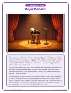 4th Grade reading comprehension worksheet about a famous fast song