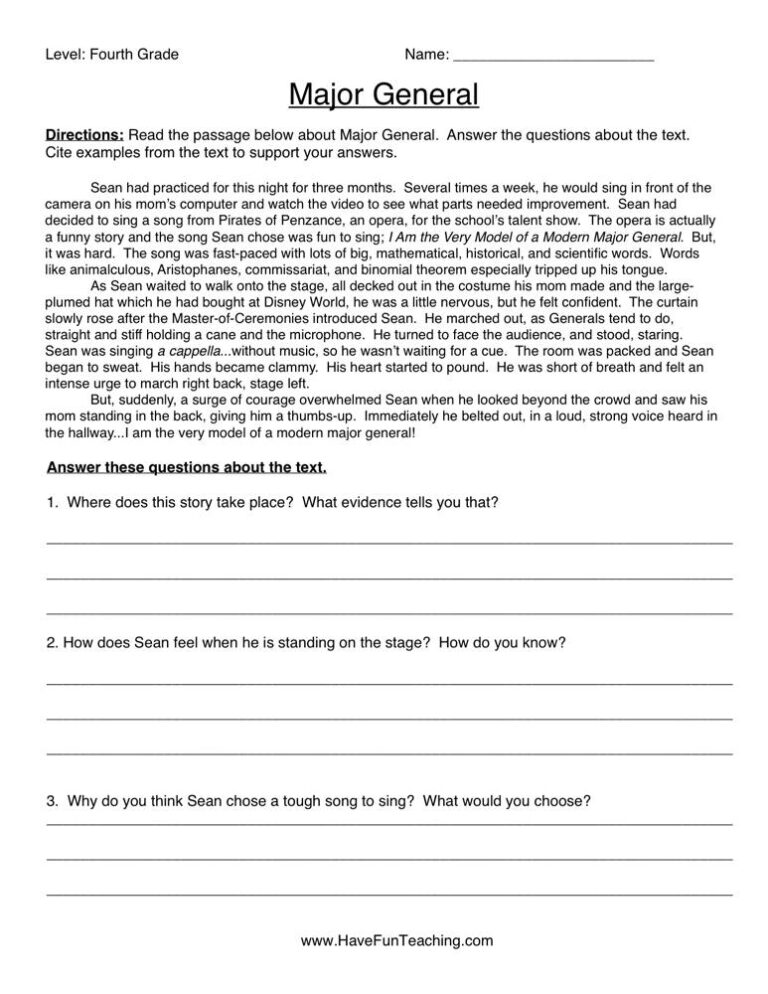 Major General Reading Comprehension Worksheet