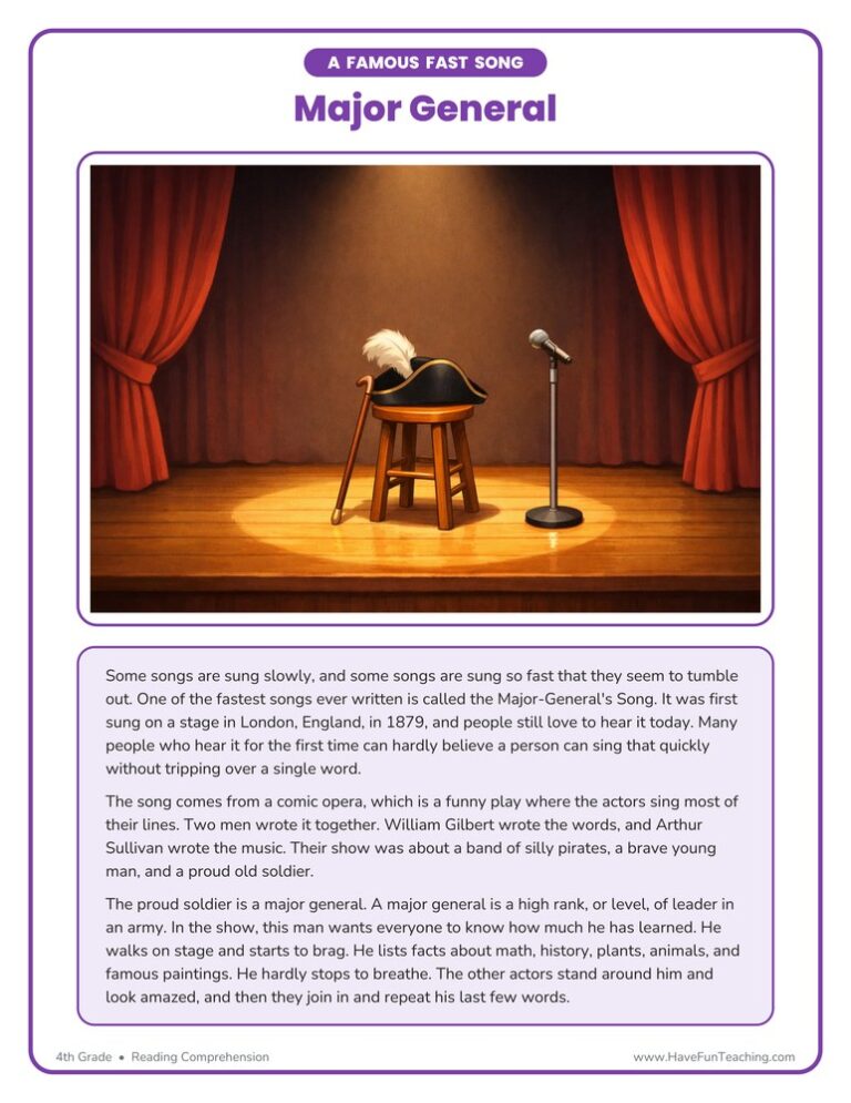 Major General Reading Comprehension Worksheet