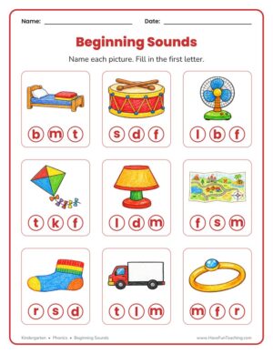 Kindergarten beginning sounds worksheet: fill in the letter that starts each picture