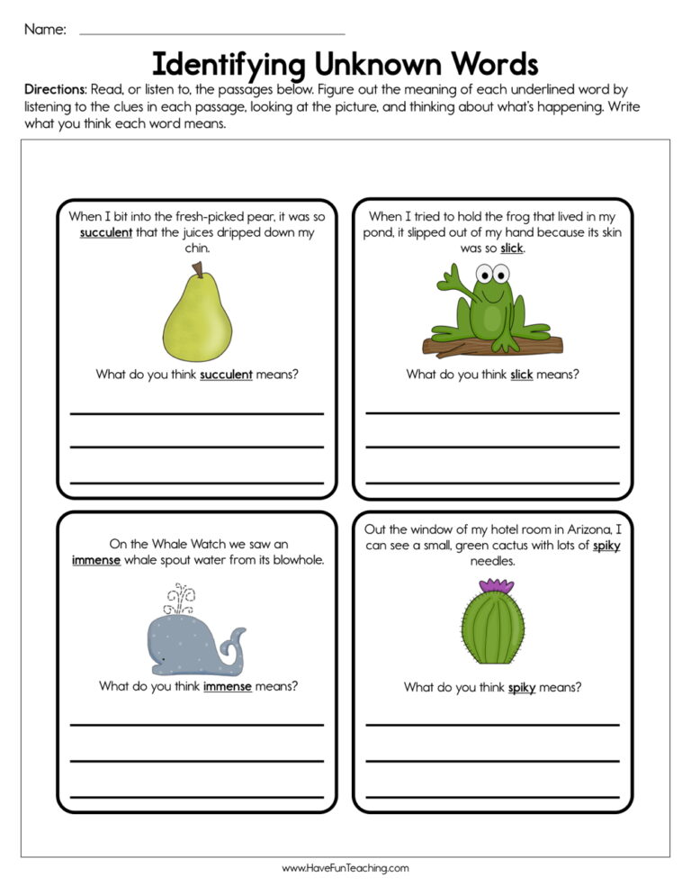 Identifying Unknown Words Worksheet