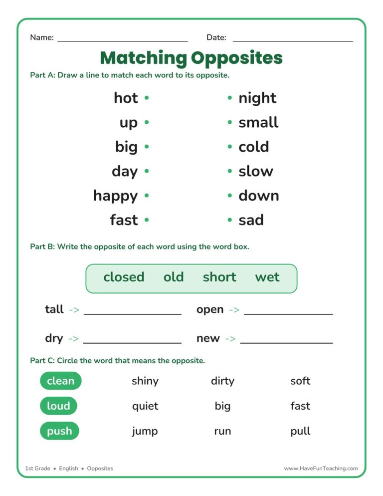 Matching Opposites Worksheet