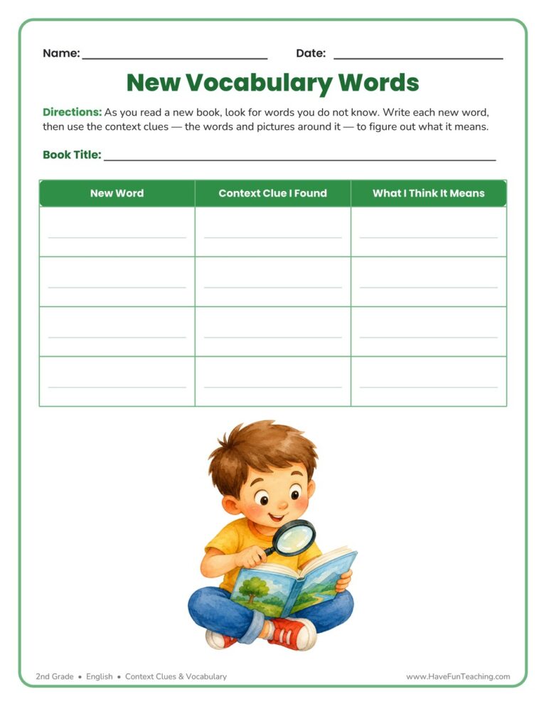 New Vocabulary Words Worksheet
