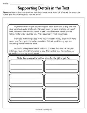 Supporting Details in the Text Worksheet