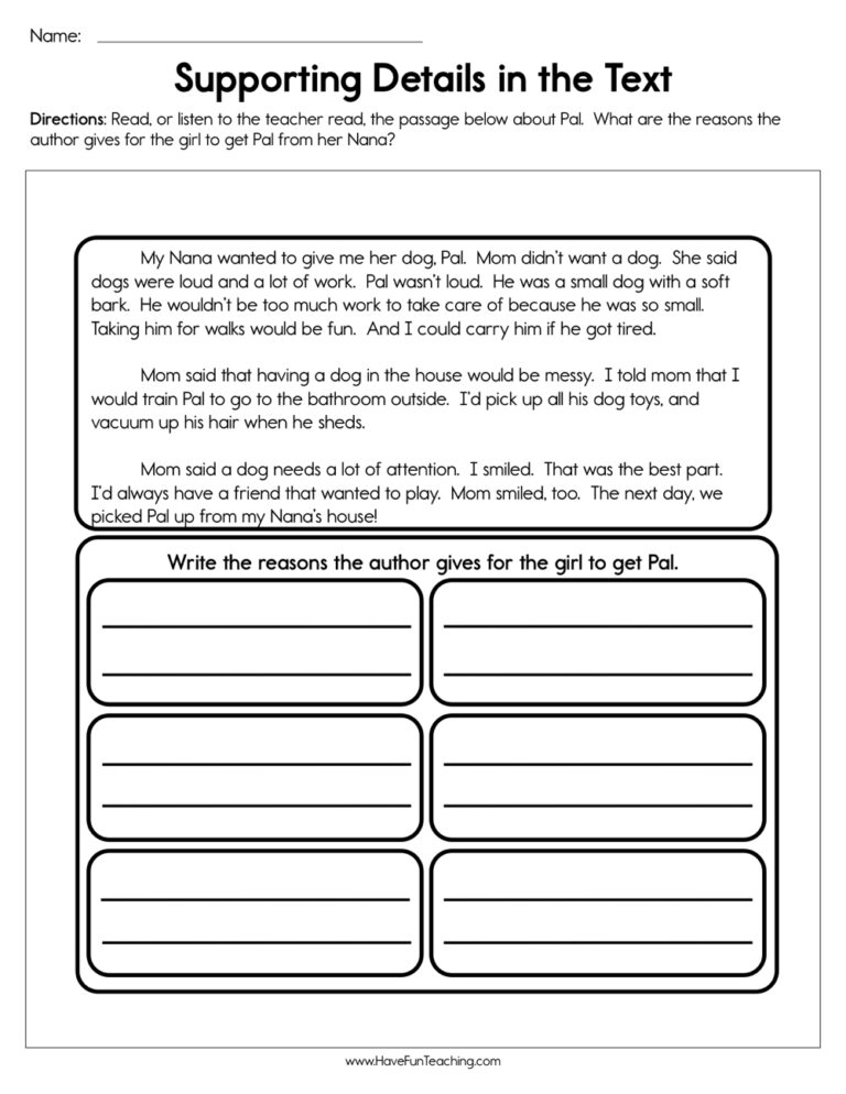Supporting Details in the Text Worksheet