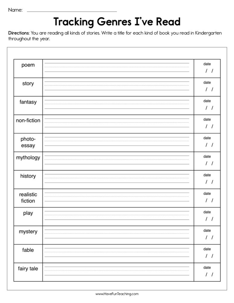 Tracking Genres I've Read Worksheet