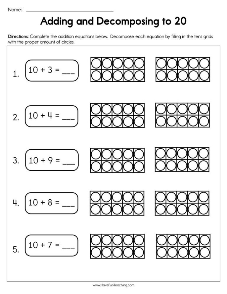 Adding and Decomposing to 20 Worksheet