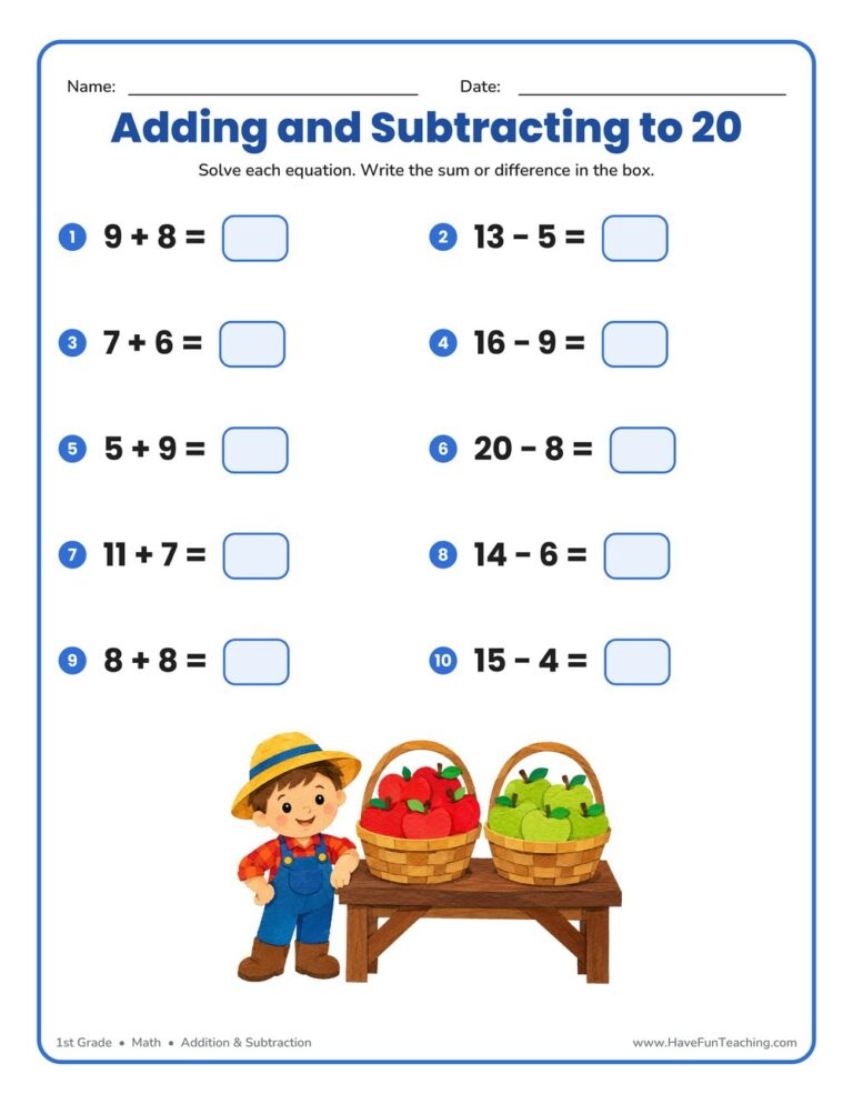 Adding and Subtracting to 20 Worksheet