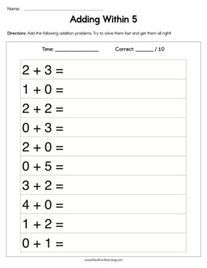 Adding Within 5 Worksheet