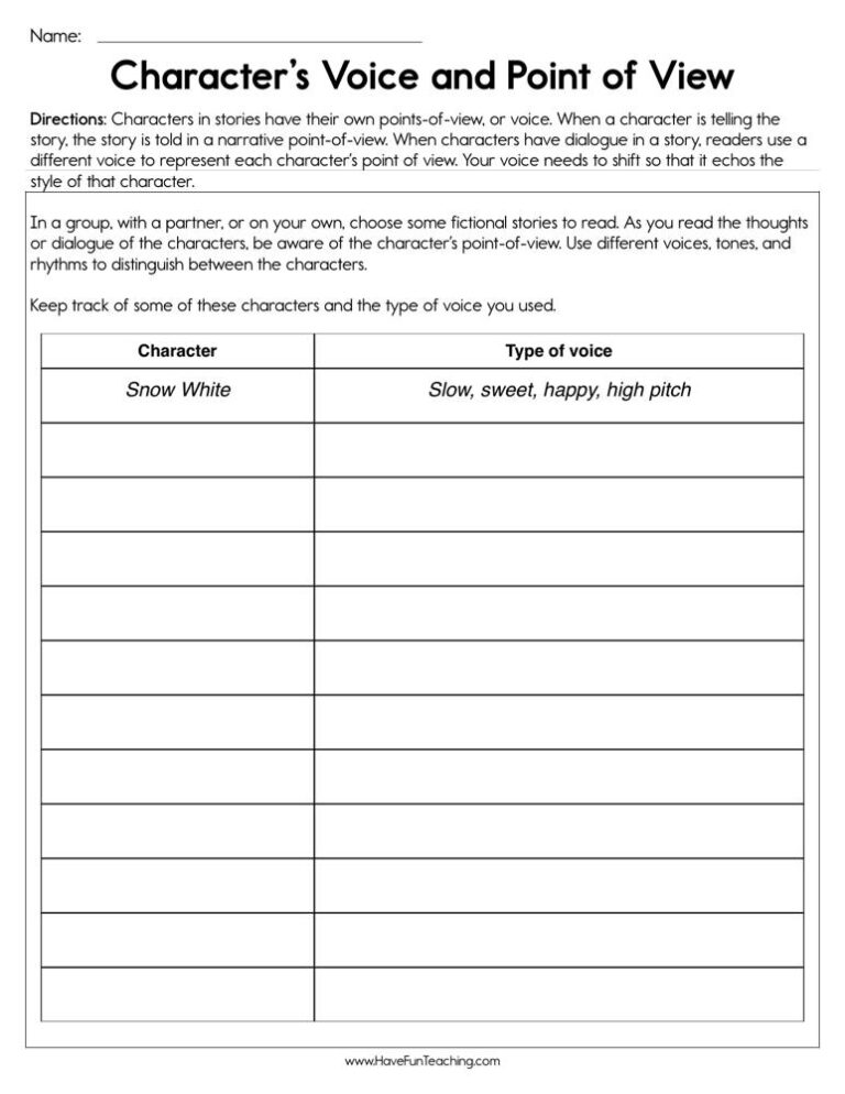 Characters Voice and Point of View Worksheet