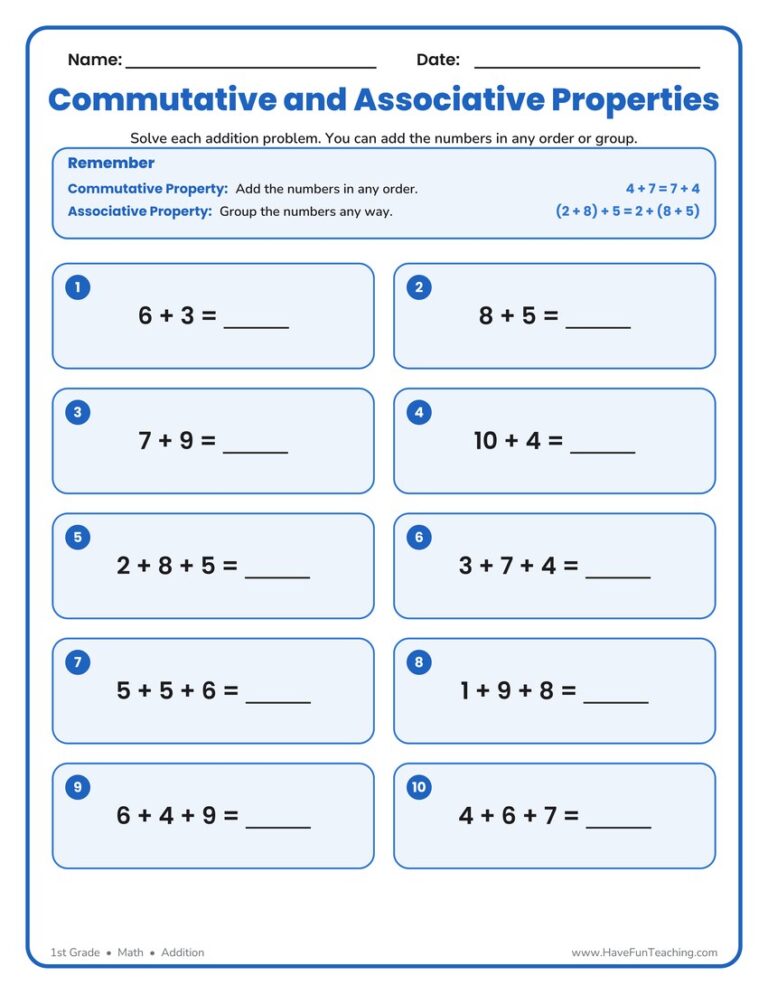 Commutative and Associative Properties Worksheet
