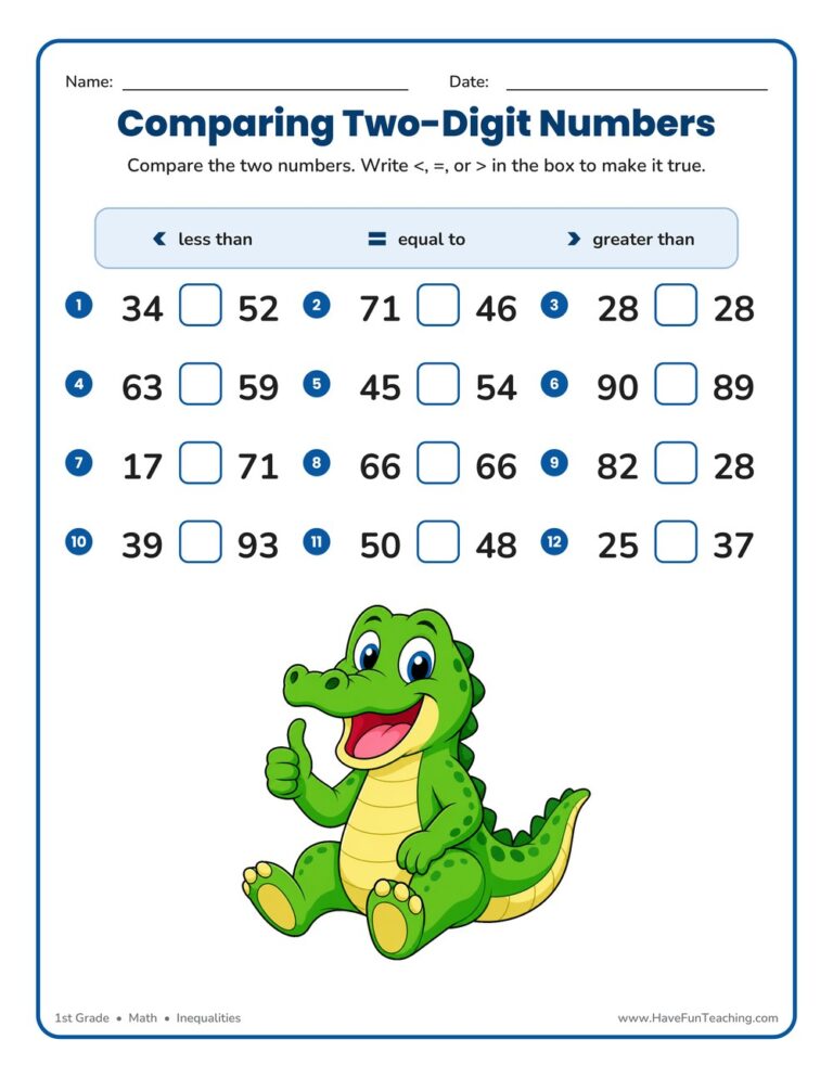 Comparing Two Digit Numbers Worksheet