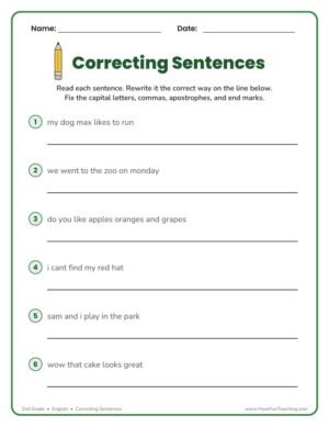 2nd grade correcting sentences worksheet