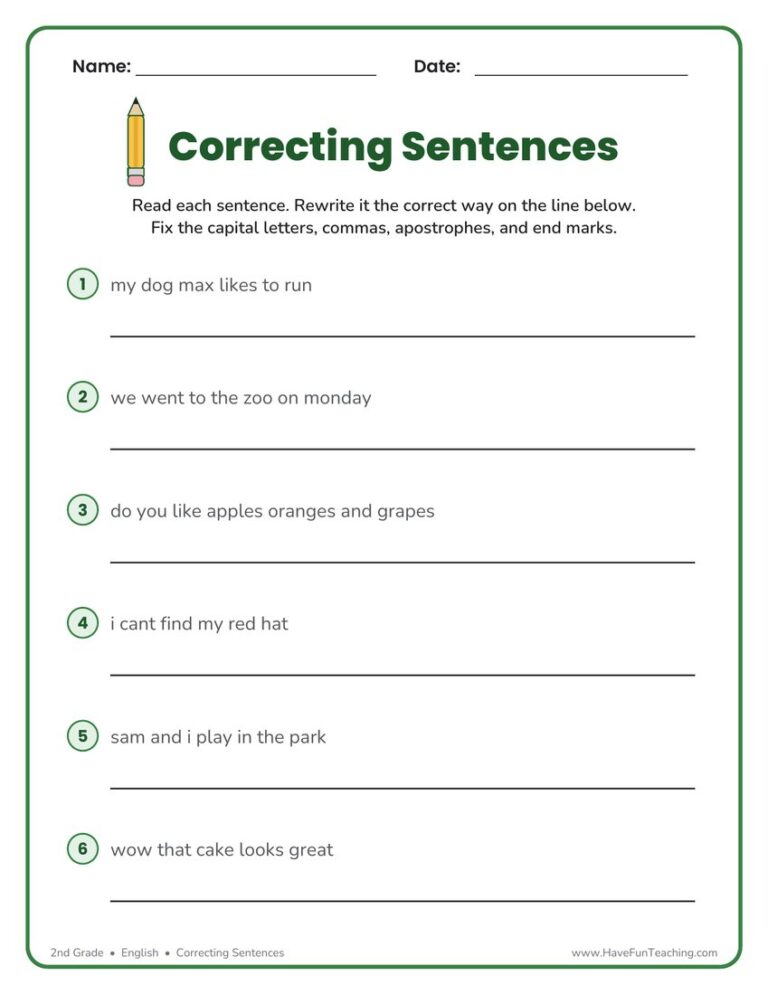 Correcting Sentences Worksheet