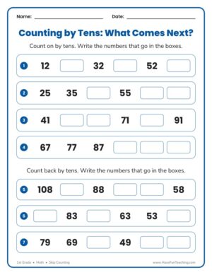 1st Grade counting by tens what comes next worksheet