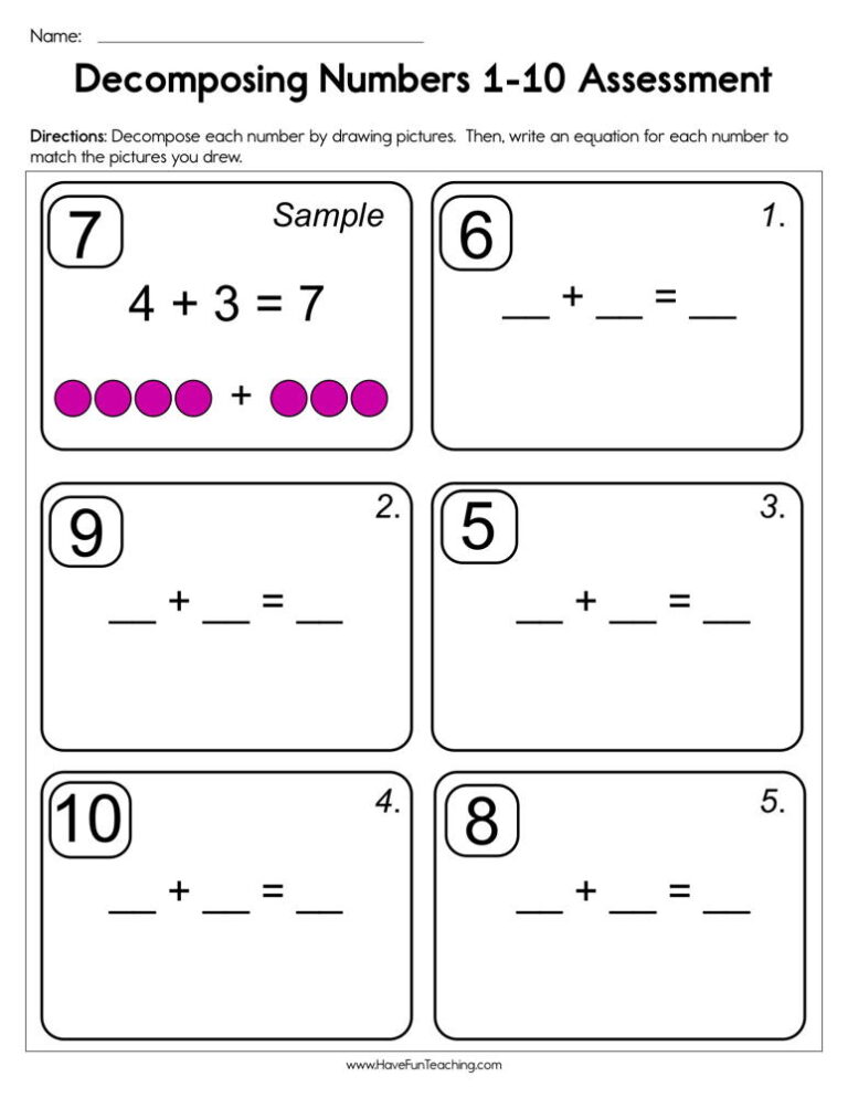 Decomposing Numbers Assessment Worksheet
