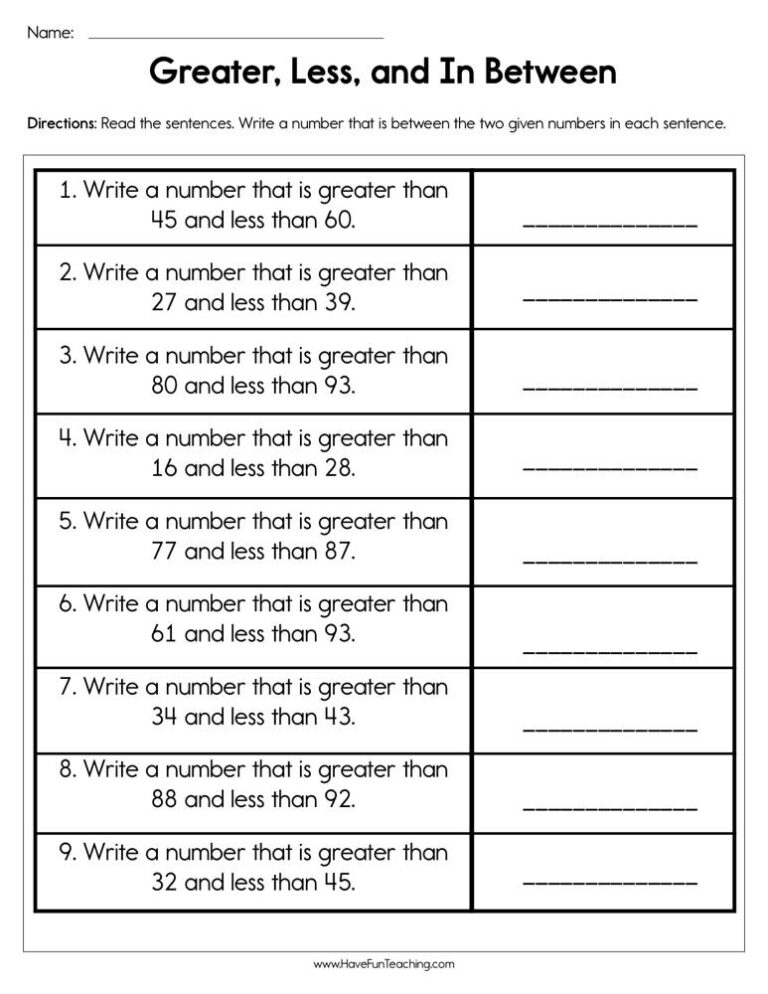 Greater Less and In Between Worksheet