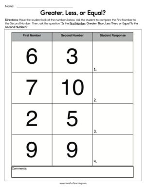 Greater Less or Equal Worksheet