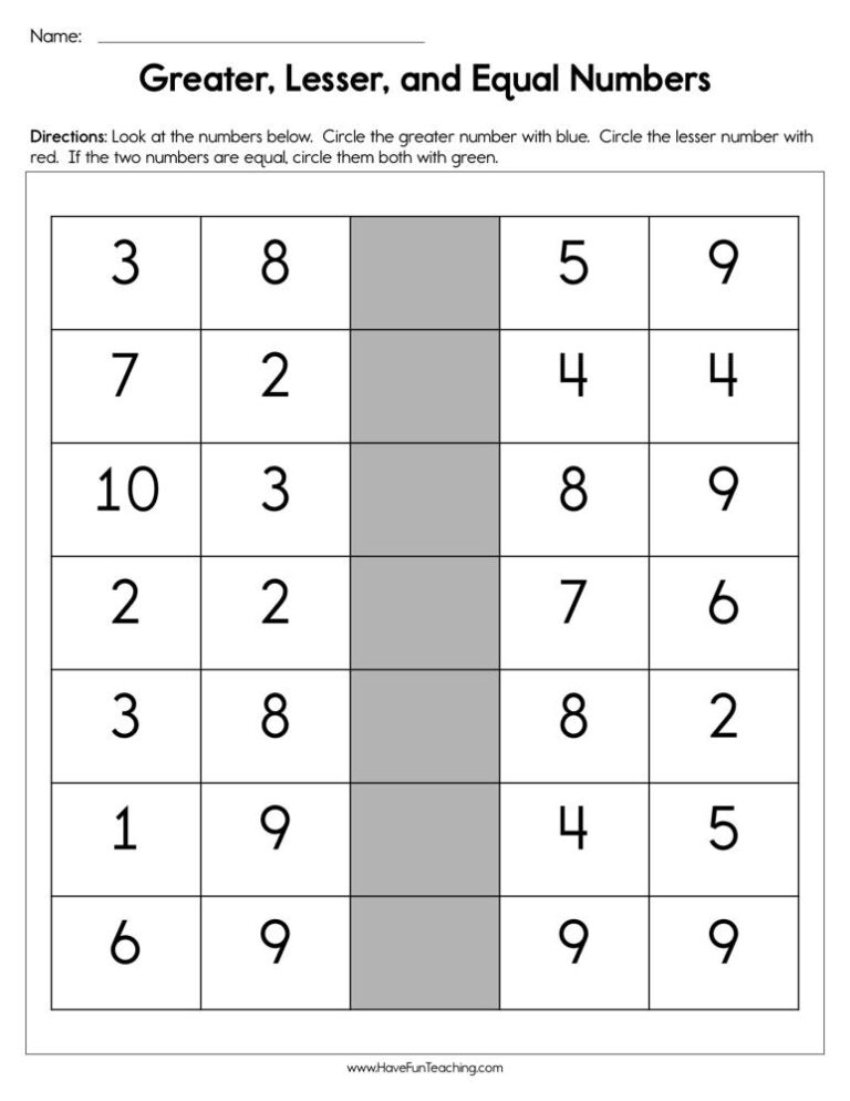 Greater Lesser and Equal Numbers Worksheet