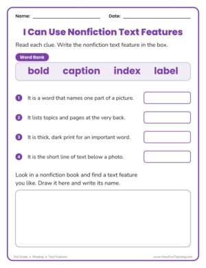 2nd grade nonfiction text features worksheet