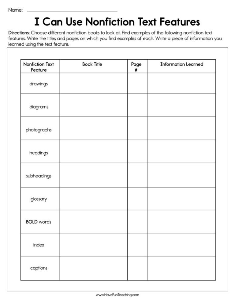 I Can Use Nonfiction Text Features Worksheet