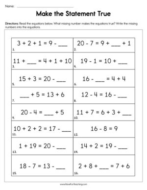 Make the Statement True Addition Subtraction Worksheet