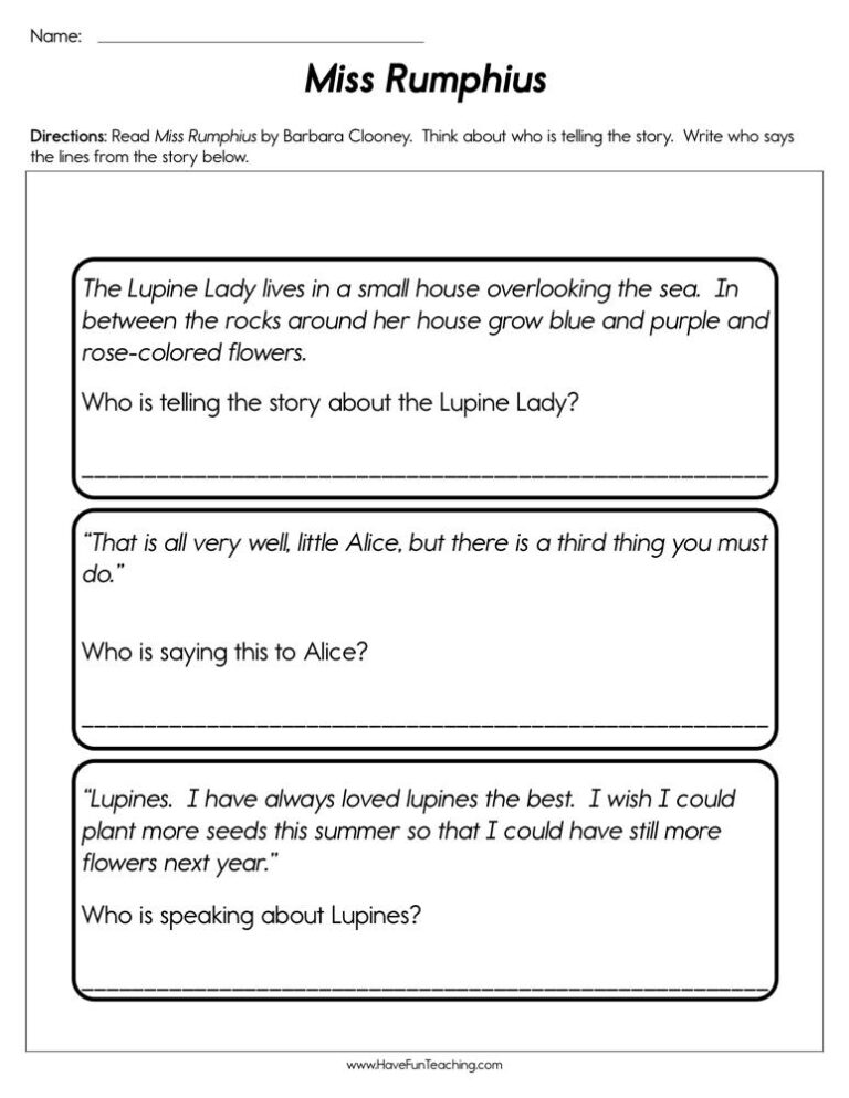 Miss Rumphius Point of View Worksheet