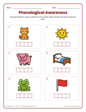 Kindergarten phonological awareness worksheet with picture sound boxes