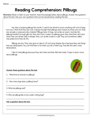 Pillbugs Reading Comprehension Worksheet