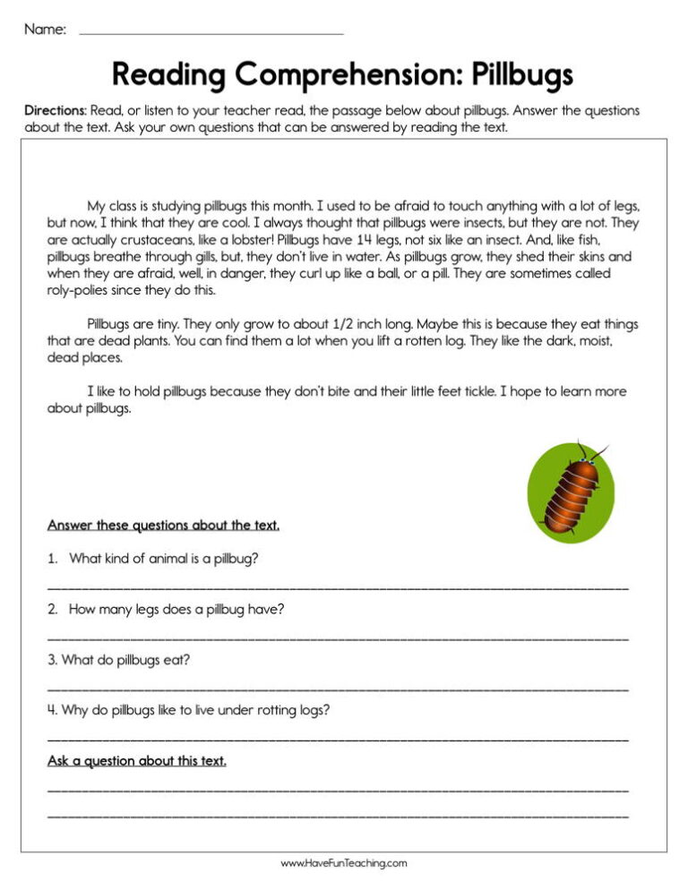 Pillbugs Reading Comprehension Worksheet