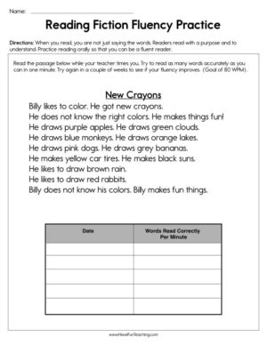 Reading Fiction Fluency Practice Worksheet