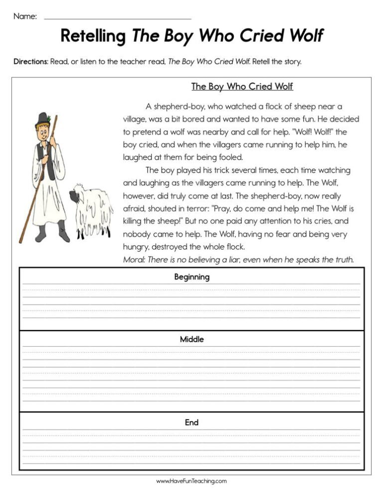 Retelling The Boy Who Cried Wolf Worksheet