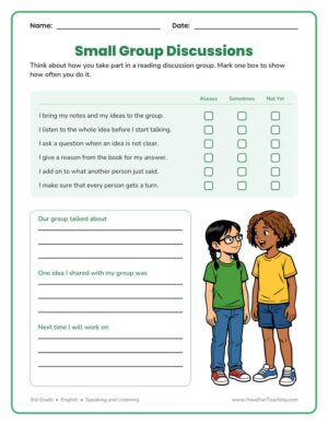 3rd grade small group discussions checklist worksheet for speaking and listening