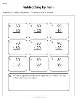 Subtracting by Tens Worksheet