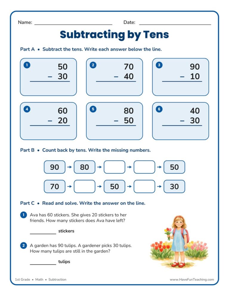 Subtracting by Tens Worksheet