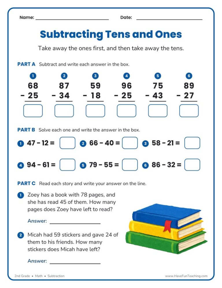 Subtracting Tens and Ones Worksheet