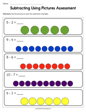 Subtracting Using Pictures Assessment Worksheet