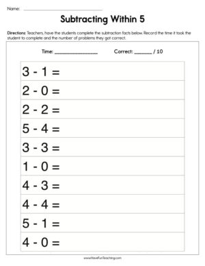 Subtracting Within 5 Worksheet