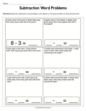 Subtraction Equations Word Problems Worksheet