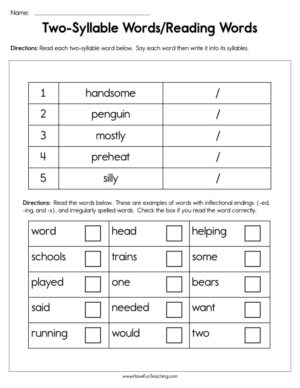 Two Syllable Words Reading Words Worksheet