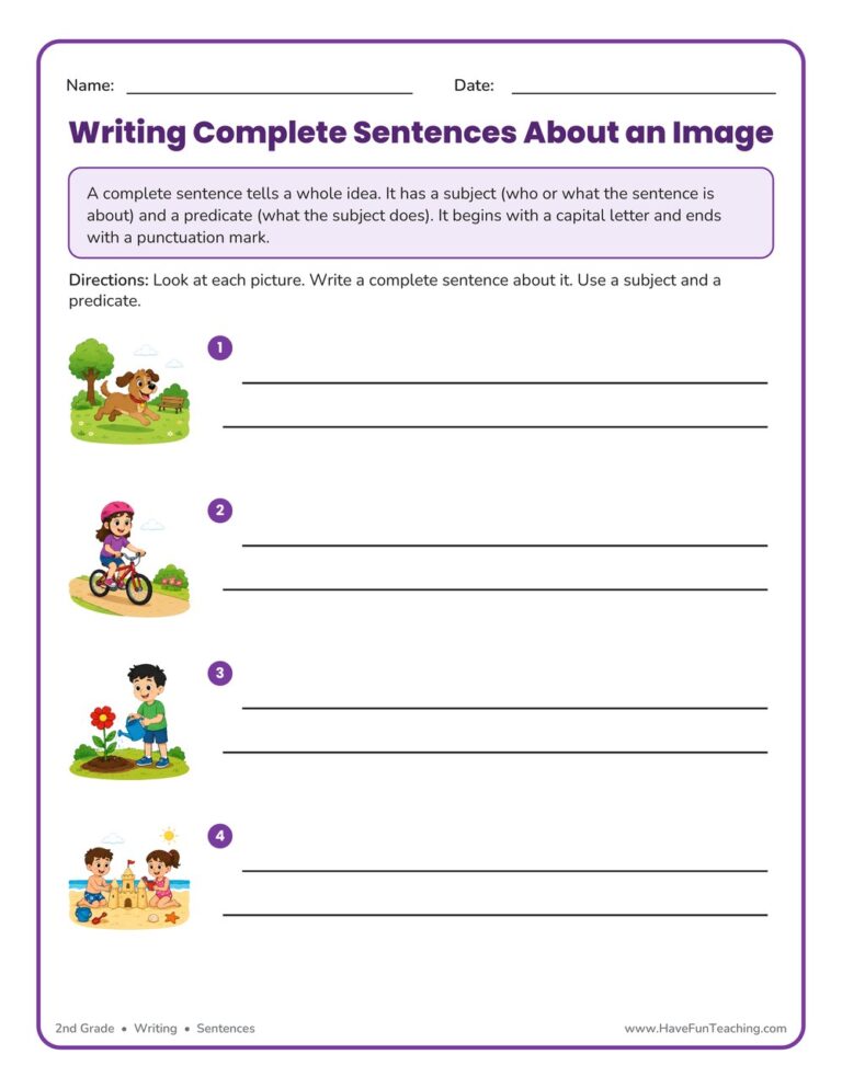 Writing Complete Sentences about an Image Worksheet