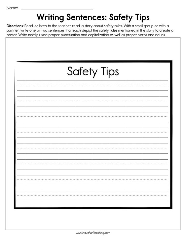 Writing Sentences Safety Tips Worksheet