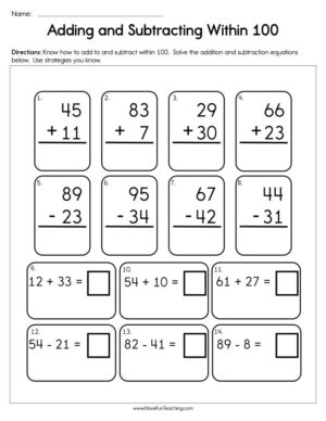 Adding and Subtracting Within 100 Worksheet