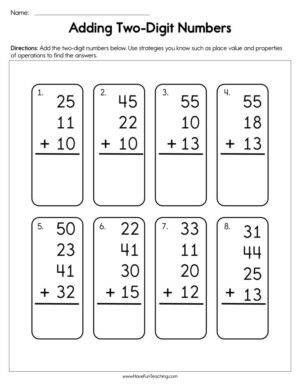 Adding Two Digit Numbers Multiple Addends Worksheet