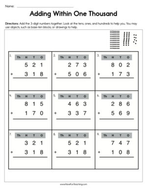 Adding to One Thousand Worksheet