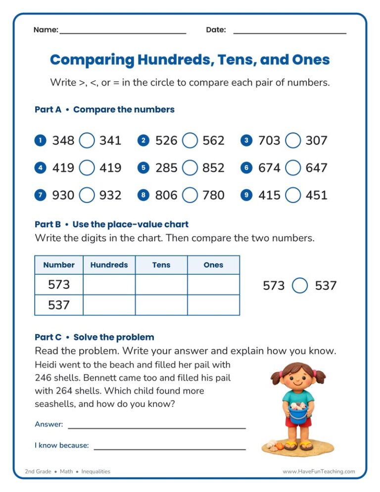 Comparing Hundreds, Tens, and Ones Worksheet