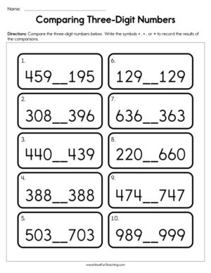 Comparing Three Digit Numbers Worksheet