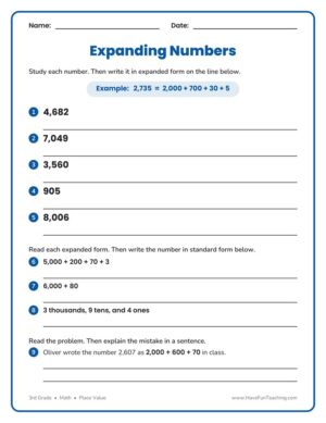 3rd grade expanding numbers worksheet